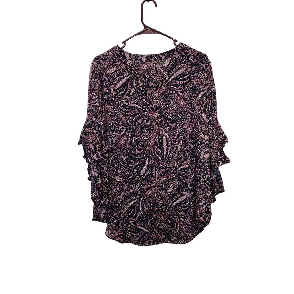 Vince Camuto Womens Size Large Purple Paisley Ruffled Bell Sleeve Popover Blouse - Picture 2 of 13